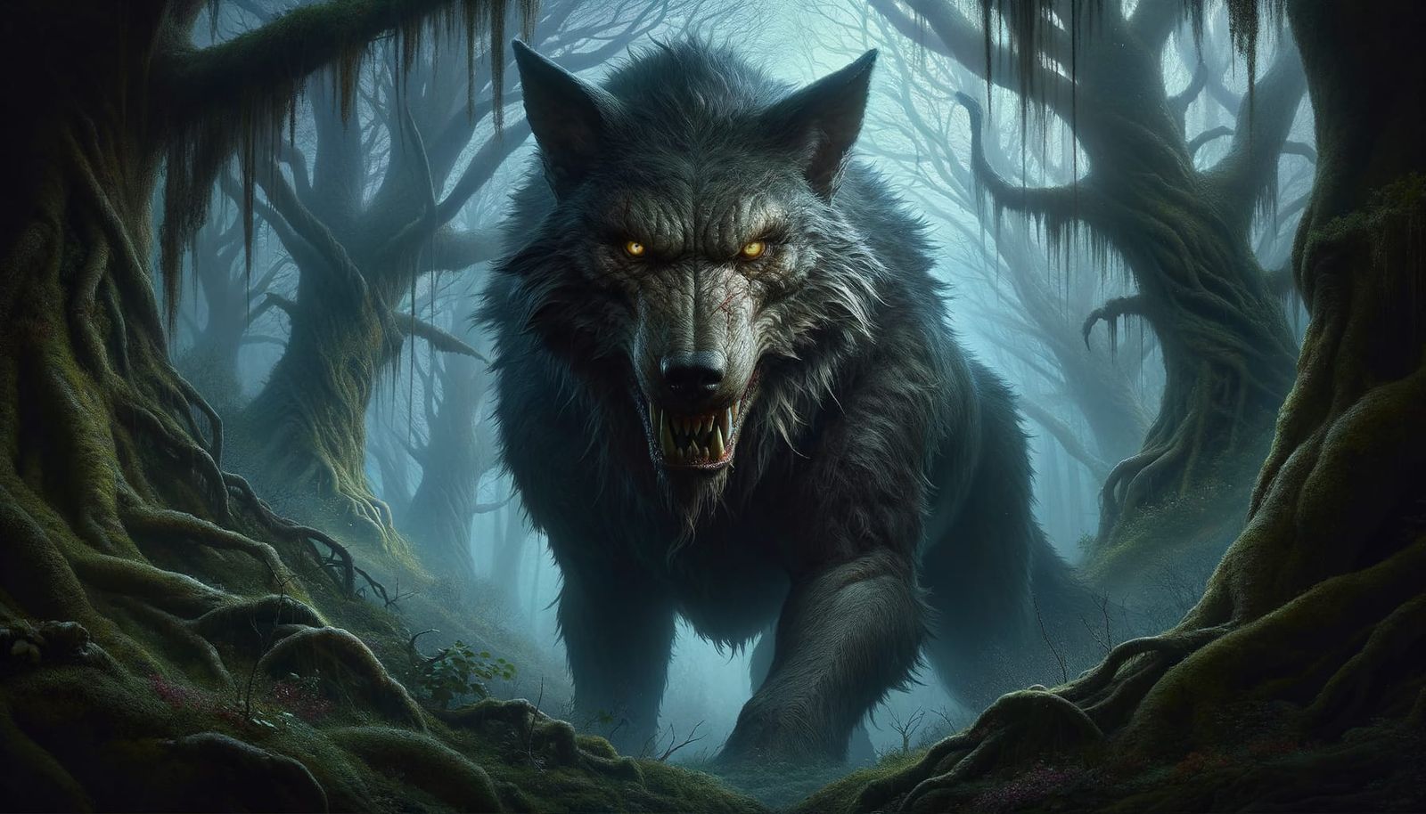 Mysterious Dire Wolf Emerges from Twilight Forest