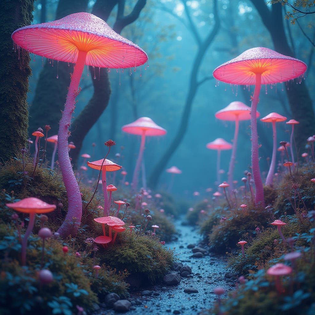 Ethereal Alien Flora Blooms in Lush, Iridescent Landscape