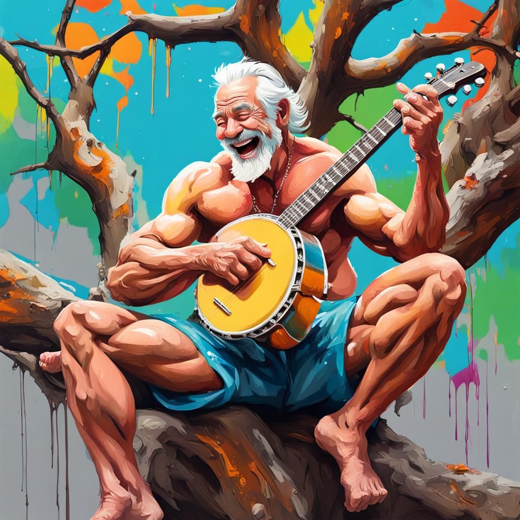 Laughing Bodybuilder Plays Banjo: Graffiti Art