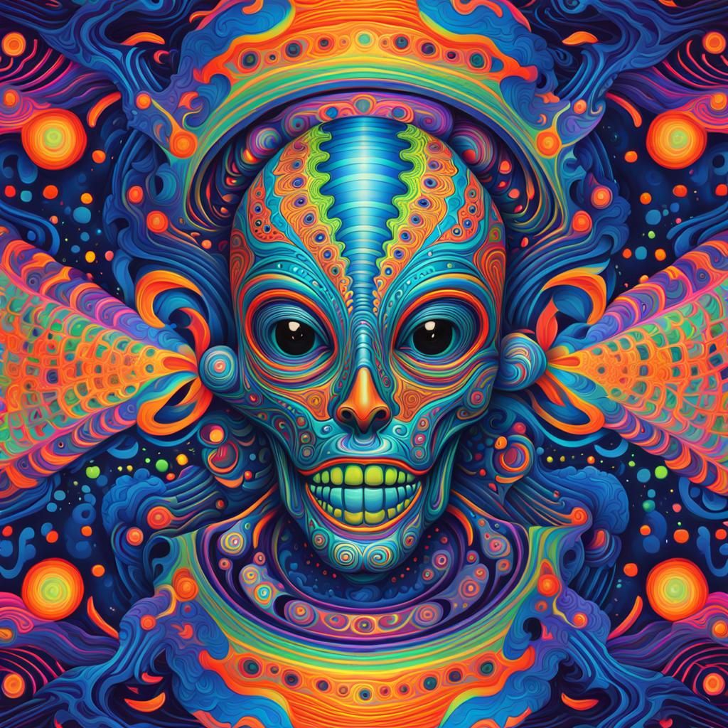 Psychedelic Alien with Neon Spirals in Kaleidoscopic Art
