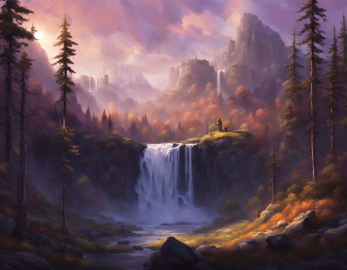 Majestic Waterfall in Forest at Purple Sunset Digital Painti...