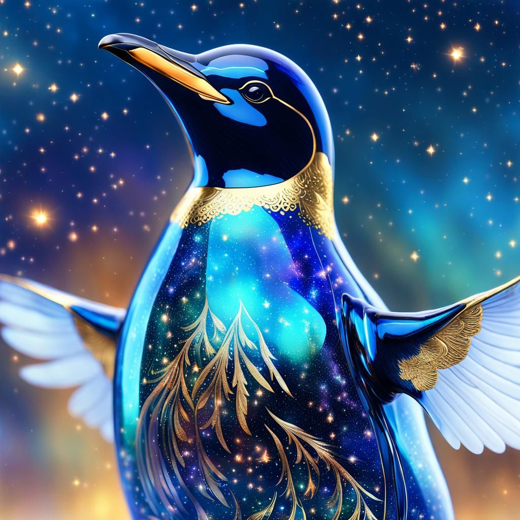 Blue Glass Penguin Flies Through Galaxy: Digital Art