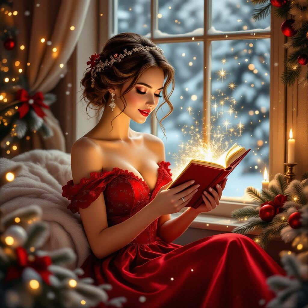 Elegant Christmas Woman with Magical Book in Cozy Winter Sce...