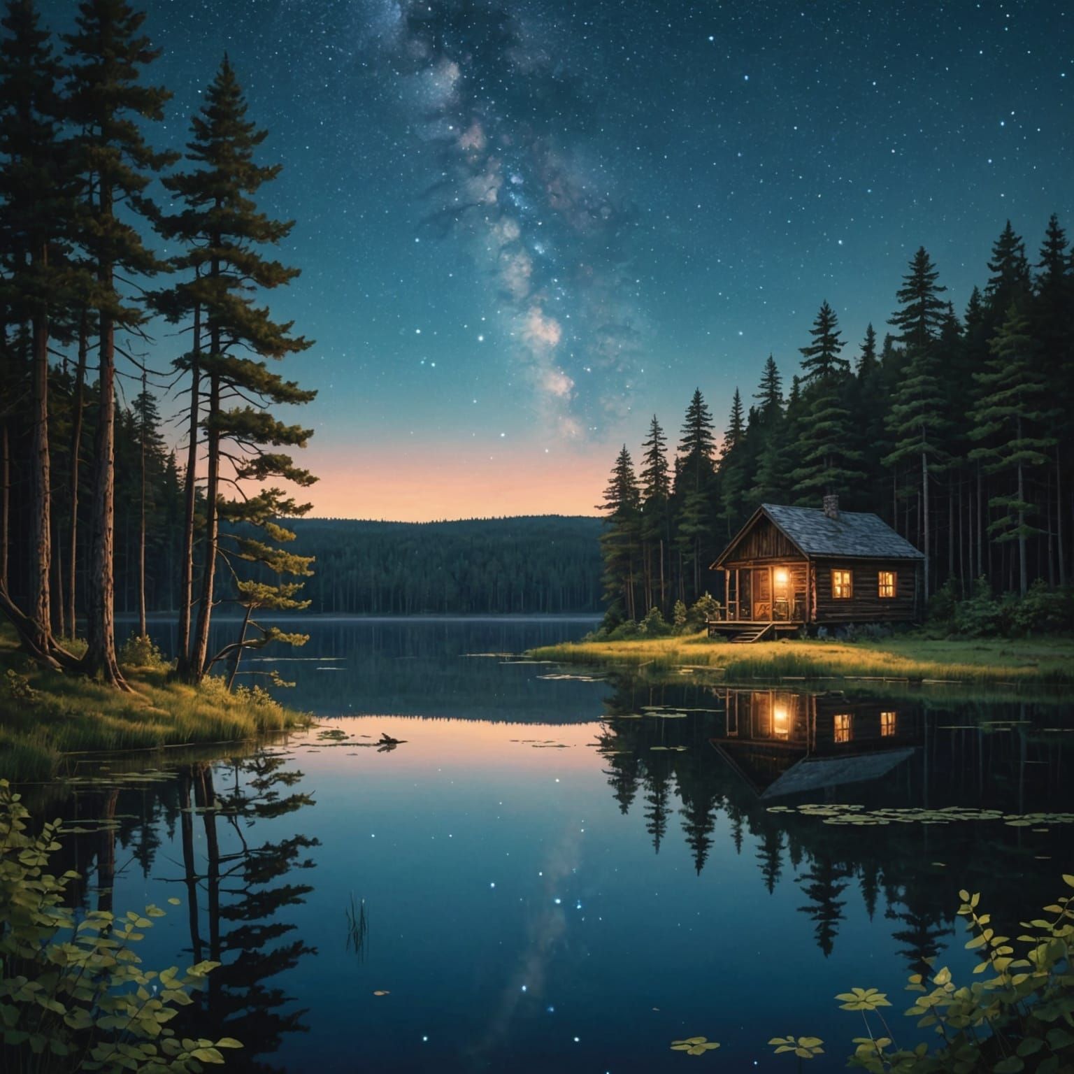 Twilight Forest Clearing Reflecting Starry Sky