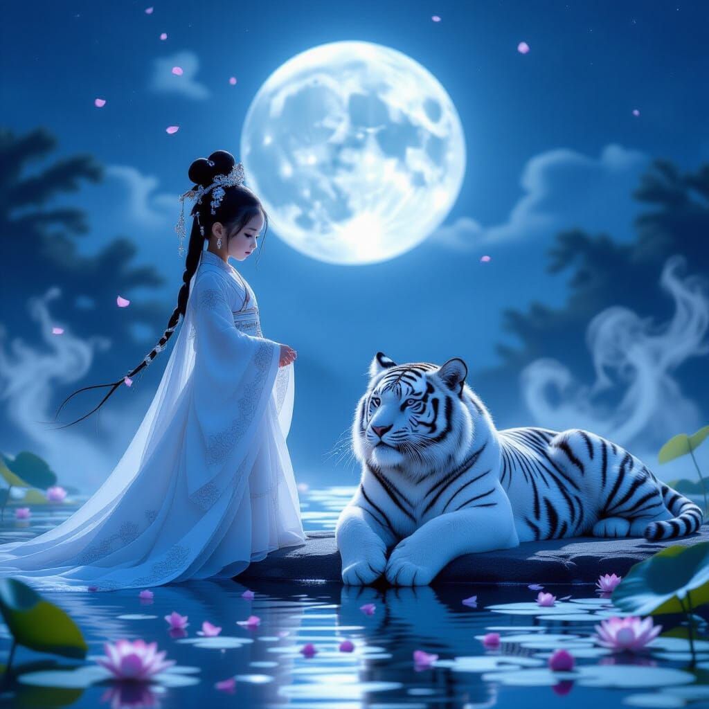 Moonlit Princess with White Tiger in Lotus Pond
