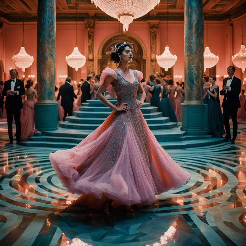Labyrinth Ball Scene: Art Nouveau Masterpiece in 8k