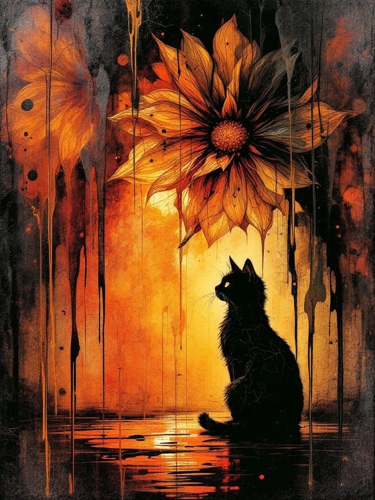 Molten Wax Drip in Encaustic Style with Abstract Cat Scene