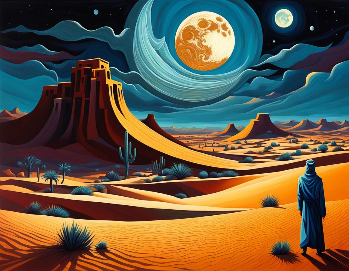 Surreal Arabian Desert Moon Landscape in Cubist Style