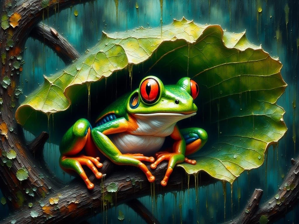 Glistening Green Tree Frog in Autumn Nighttime Landscape