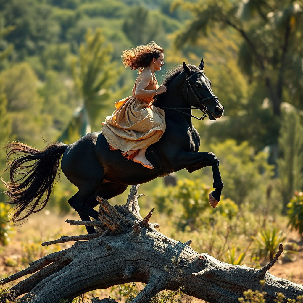 Elegant Lady Rides Majestic Black Horse in Dramatic Landscap...