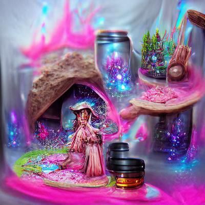 Pink Sorceress Brewing Potions, Astral Illustration