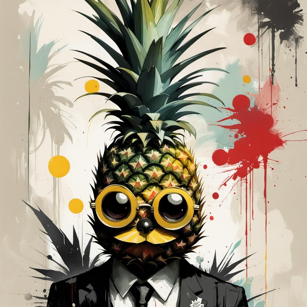 Whimsical Anthropomorphic Pineapple in Mixed Media Style