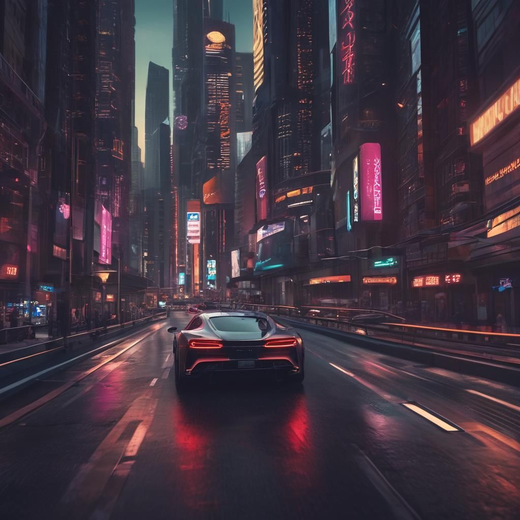 Futuristic Car in Neon Cityscape Concept Art