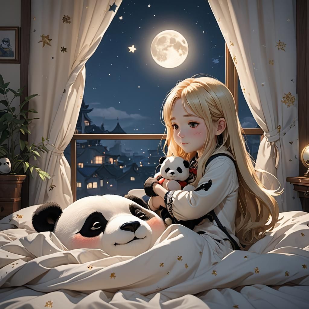 Girl Hugging Panda Plush Toy, Anime Art