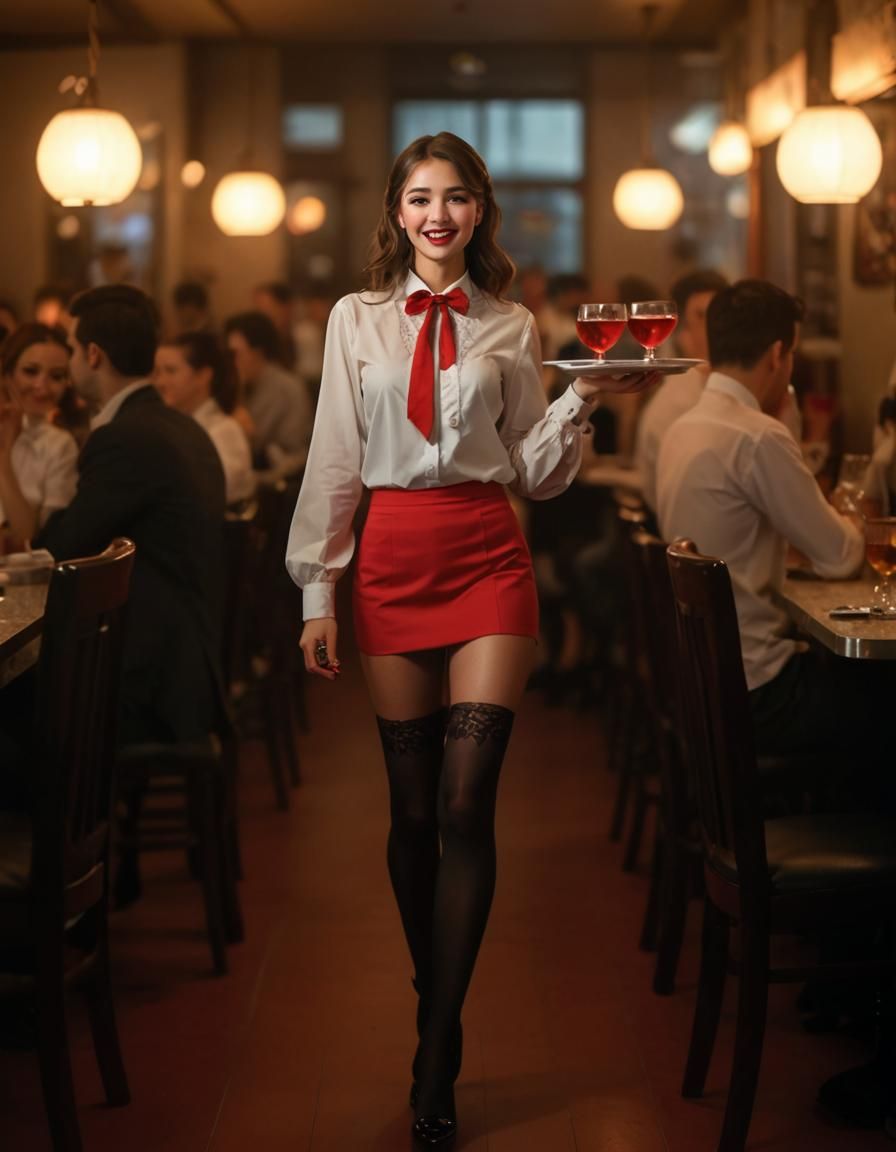 Waitress in Crowded Restaurant: Realistic 8K Photo
