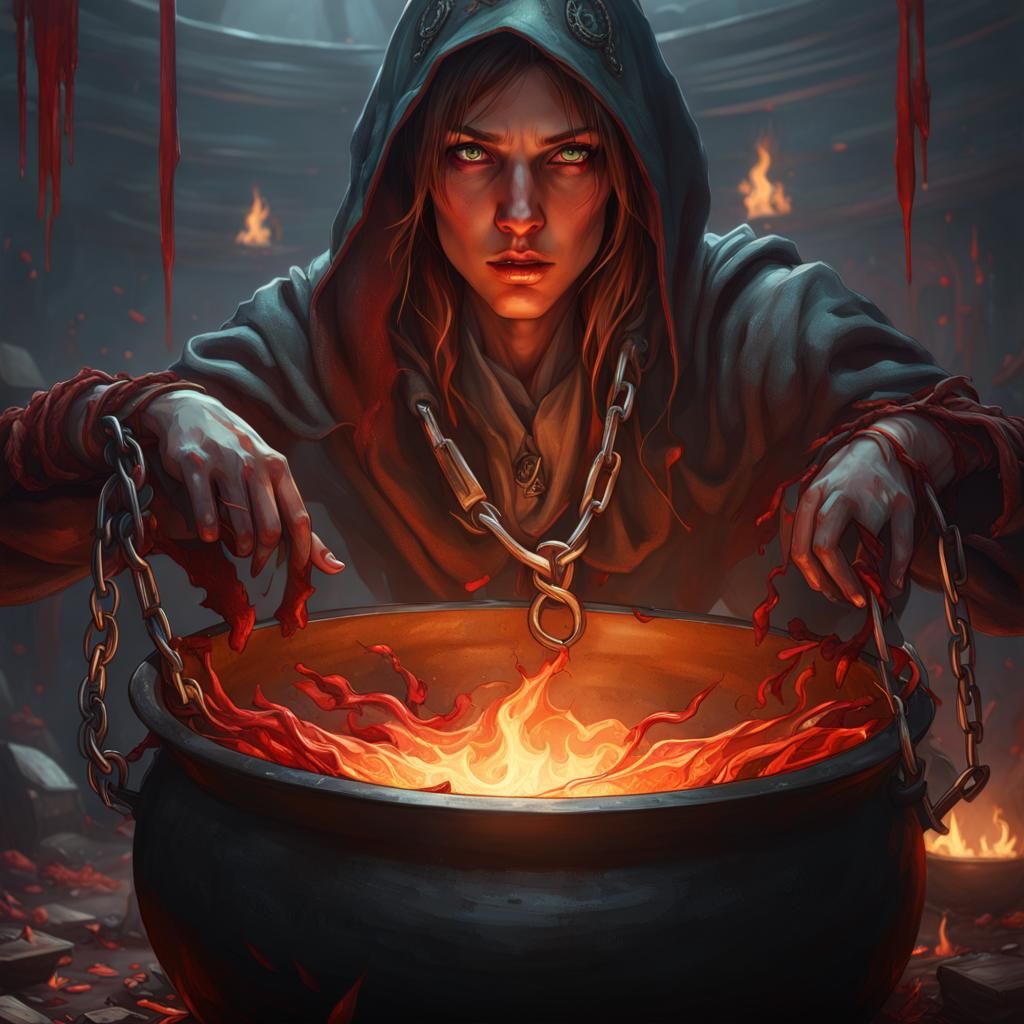 Chained Figure Above Cauldron: Detailed Concept Art