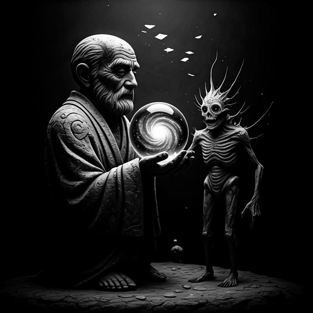 Clay Statue Holding Galaxy Sphere: Hyperrealistic Concept Ar...