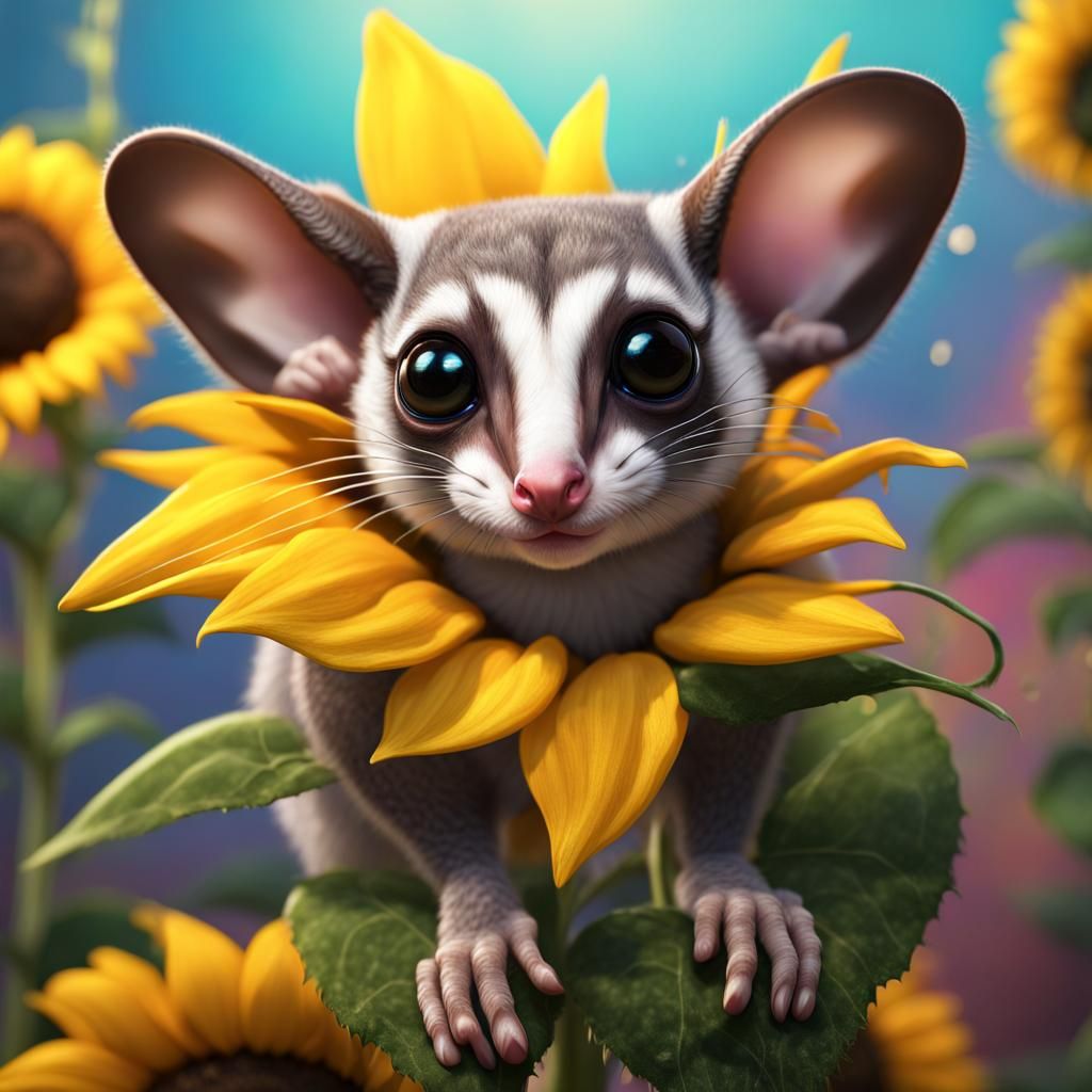 Sugar Glider on Sunflower with Rainbow Splash