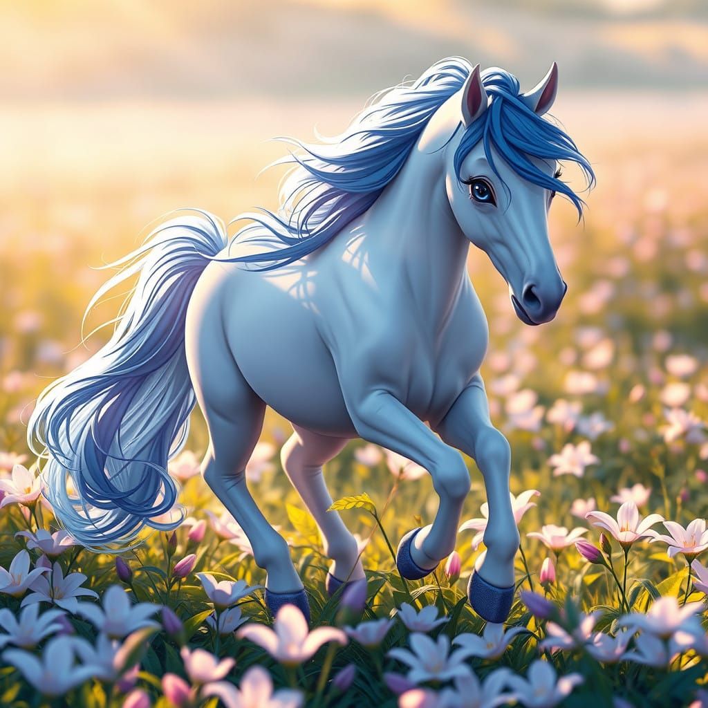Majestic Bluish-White Unicorn Runs Through Lush Lily Field