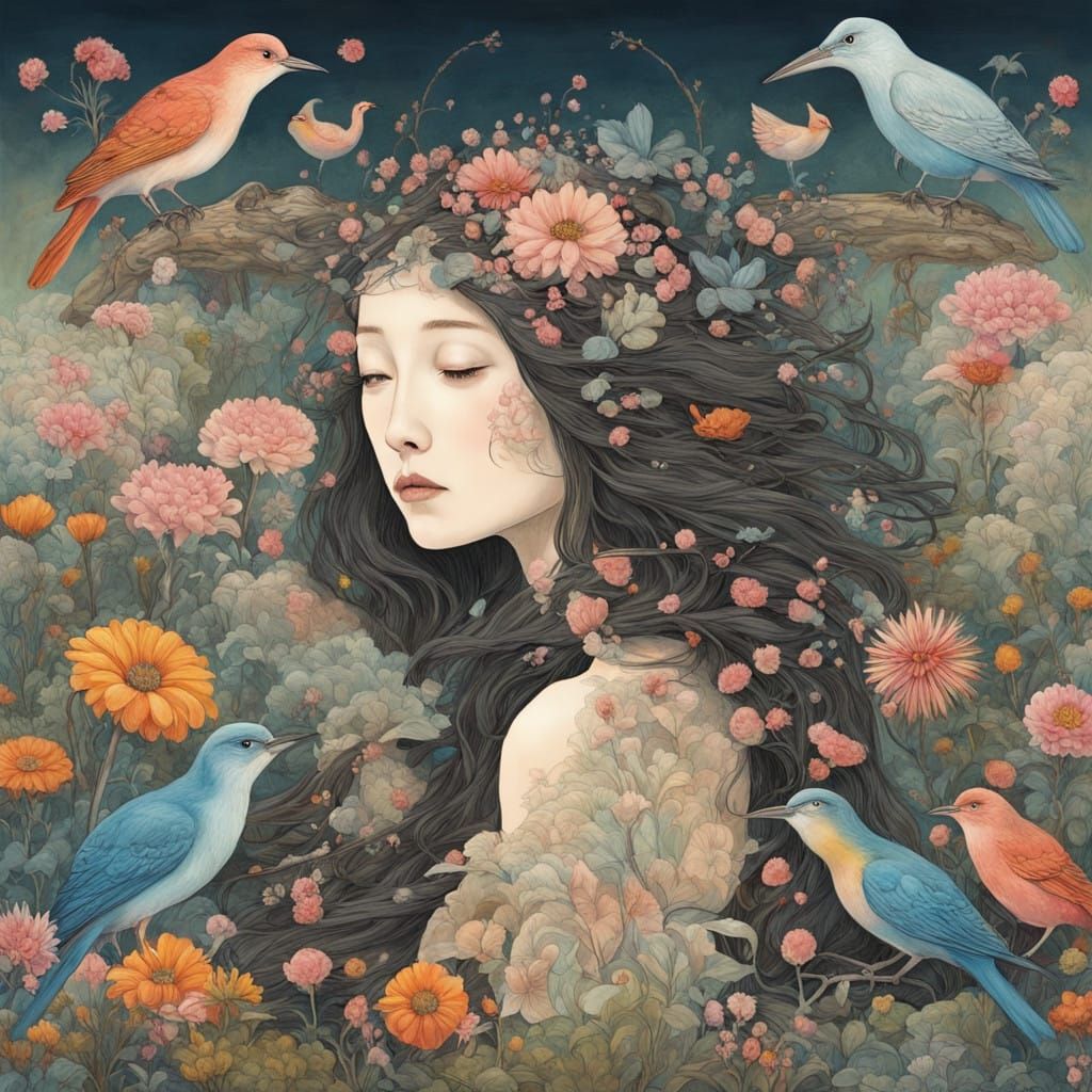 Bird Goddess in a Whimsical Prehistoric Landscape