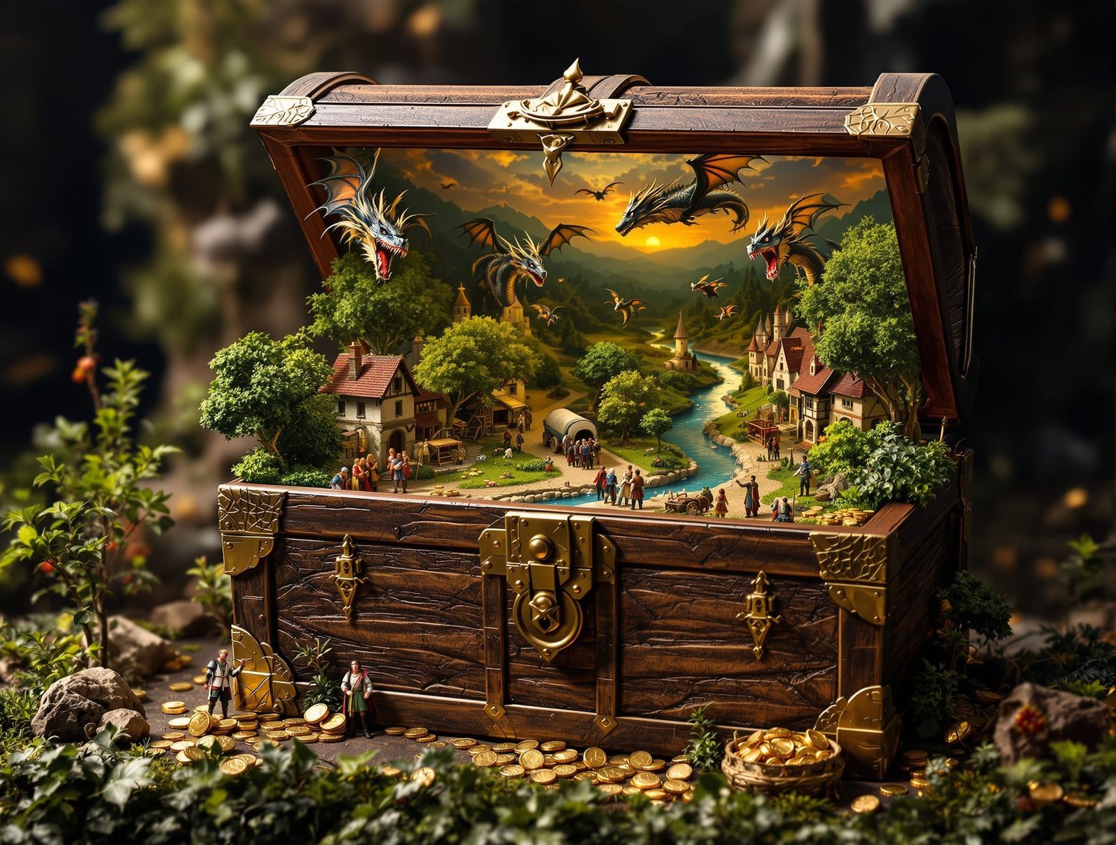 Fantasy Treasure Chest Holds Miniature Medieval World at Sun...