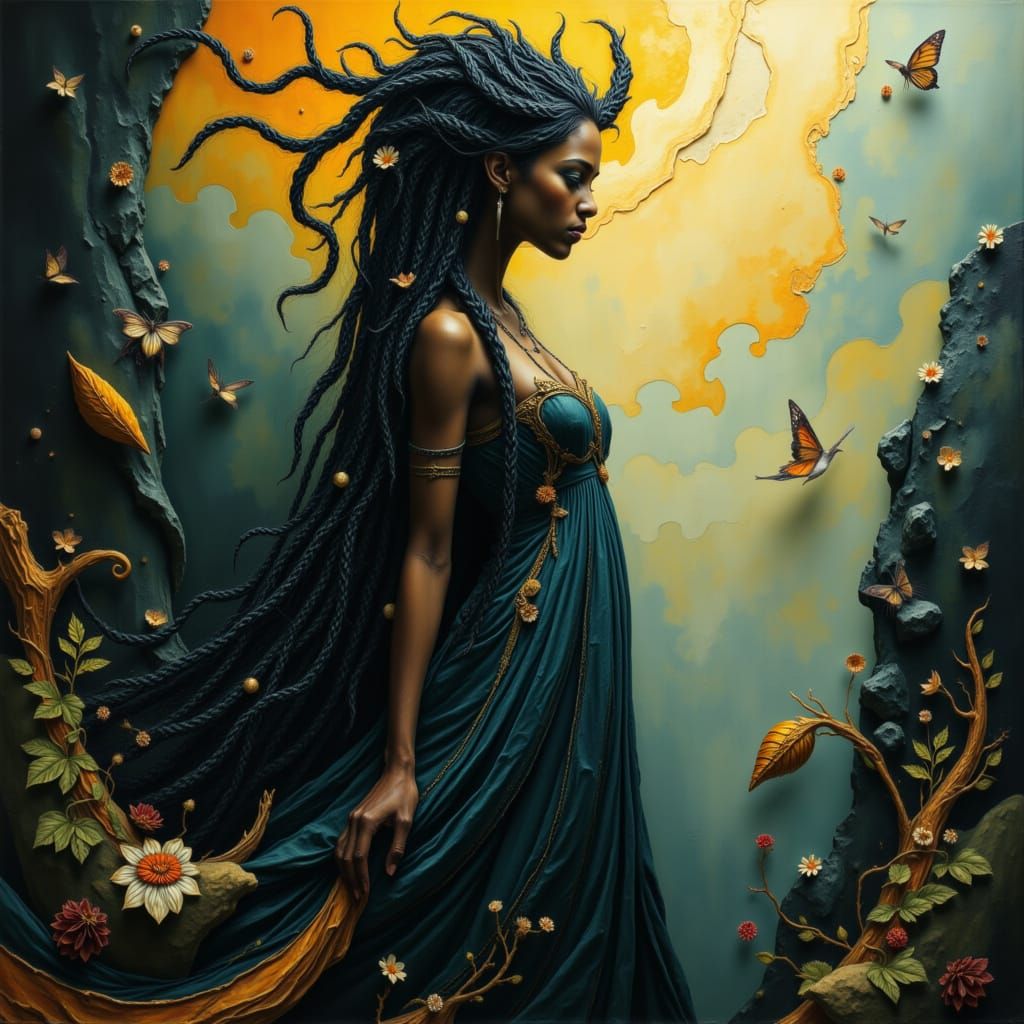 Elegant Black Woman in Blue and Gold Dress with Long Braids