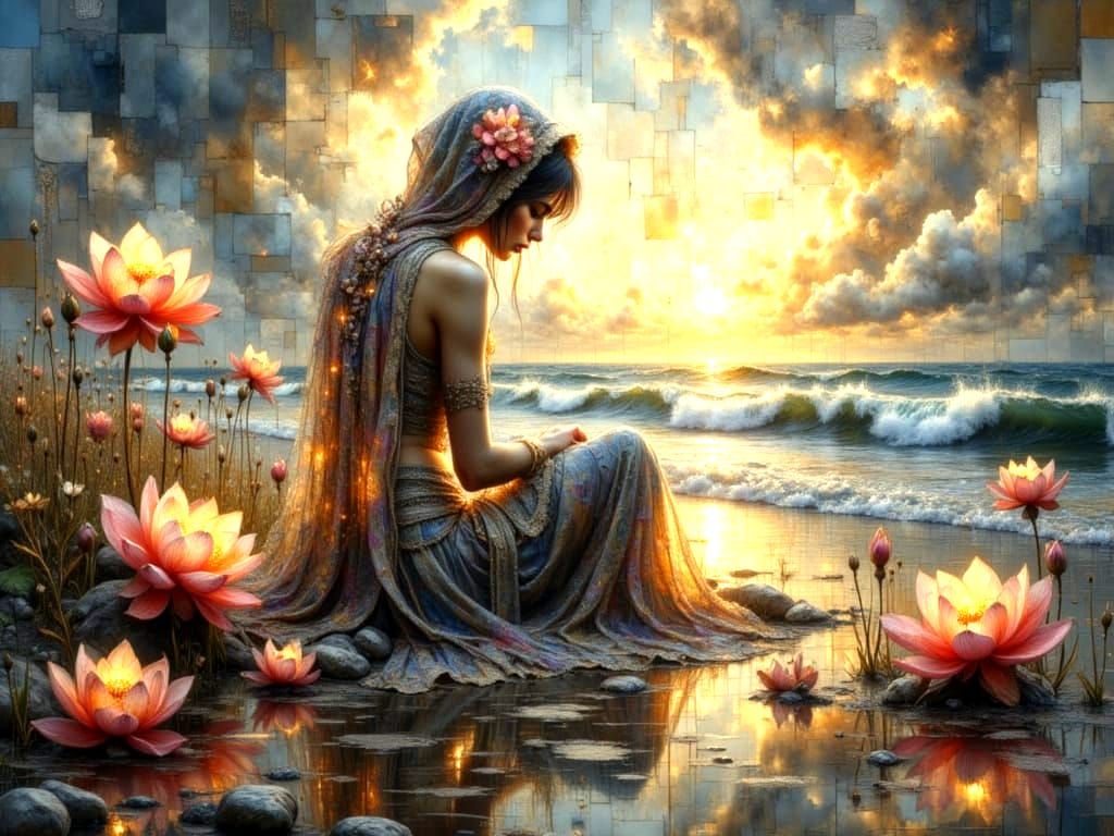 Mysterious Woman on Beach with Cosmic Sky and Glowing Lotus