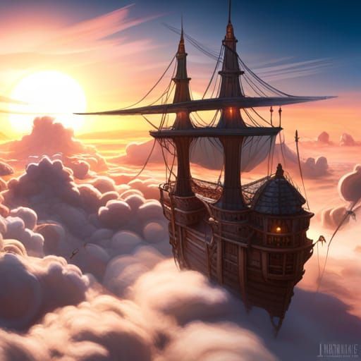 Fantasy Pirate Airship Soaring Through Clouds