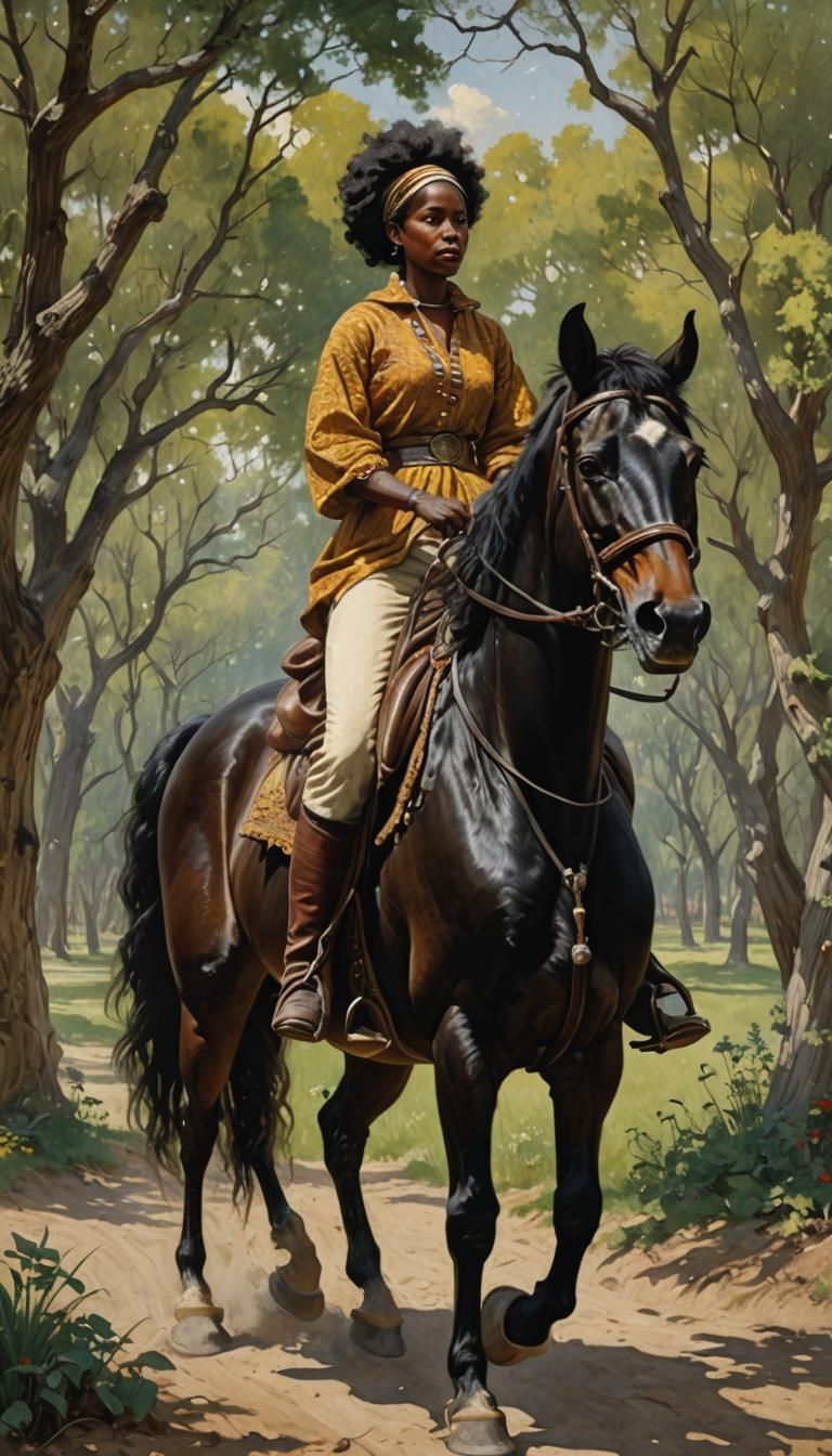 Black Woman on Horse in Oil Painting Style