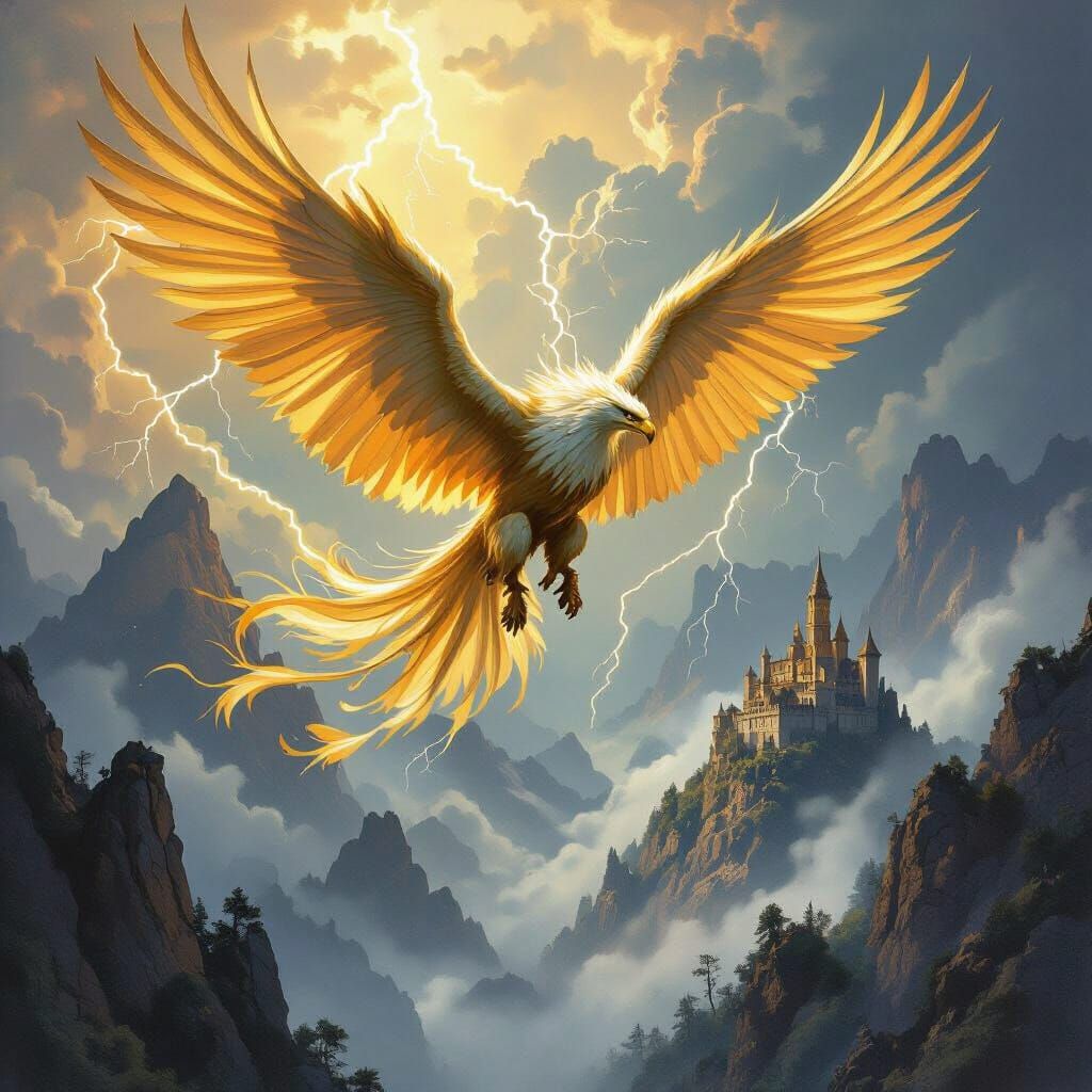 Griffin Soaring Through Stormy Sky in Baroque Style