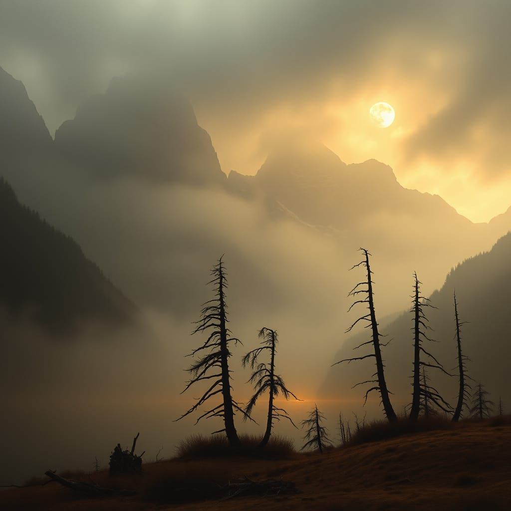 Misty Mountains Landscape in Romanticist Style