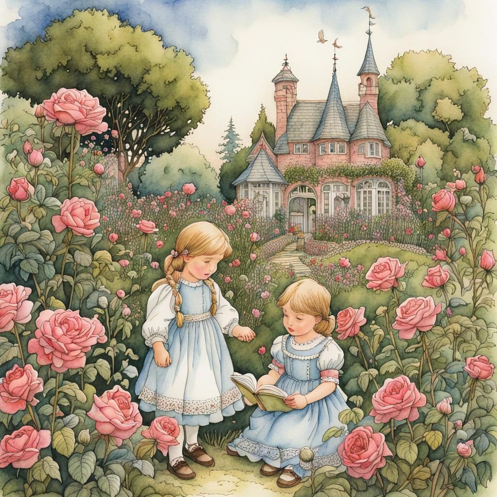 Brother and Sister Reading in Rose Garden