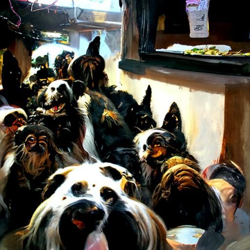 Cafe Scene with Dogs in Oil Painting Style