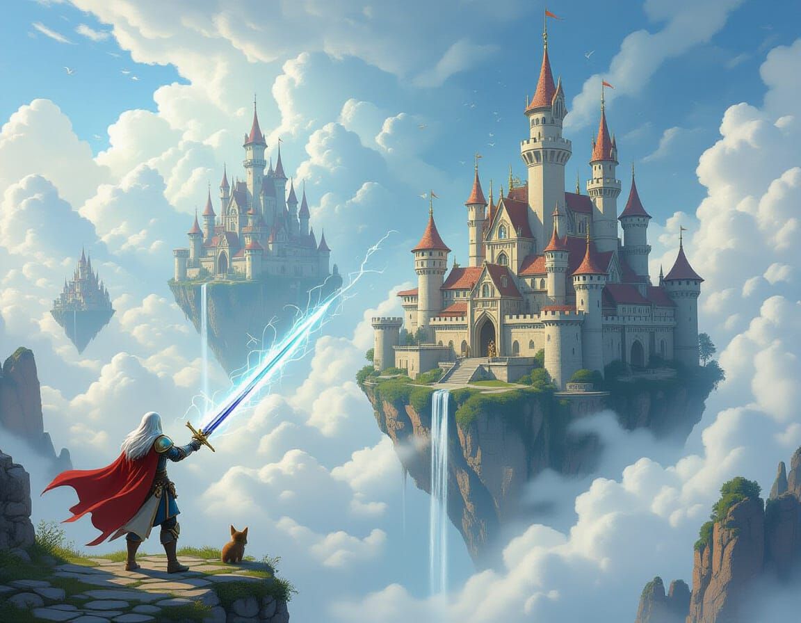 Arcane Knight Defends Floating Castle, Fantasy Illustration
