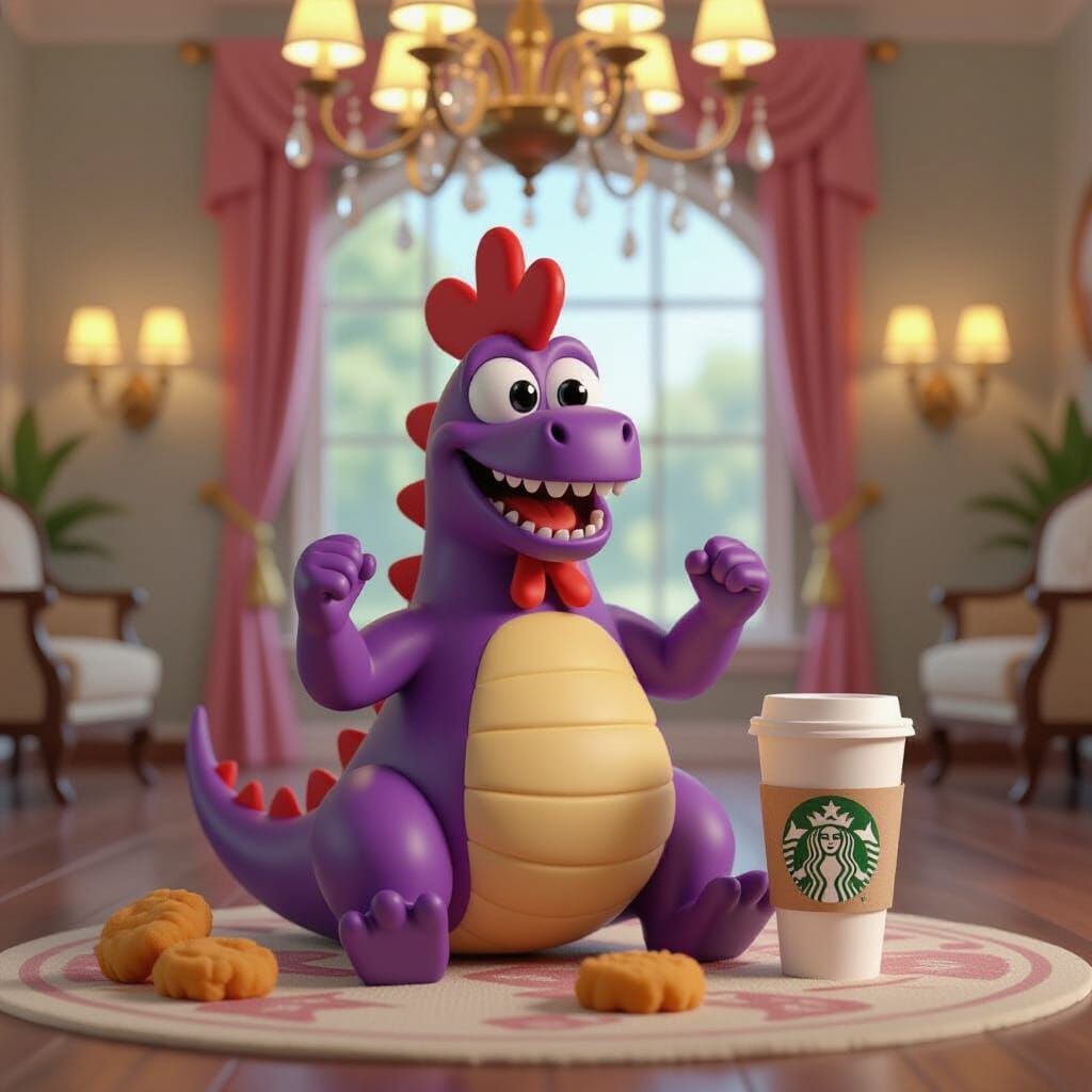 Dinosaur Nugget Working Out Under Chandelier