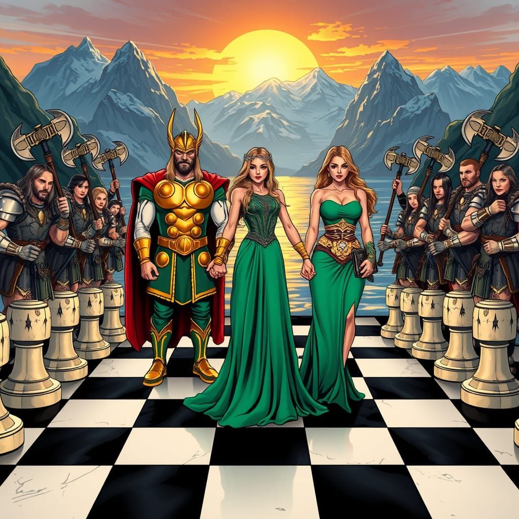 Thor Surrounded by Viking Warriors on a Chessboard with Prin...
