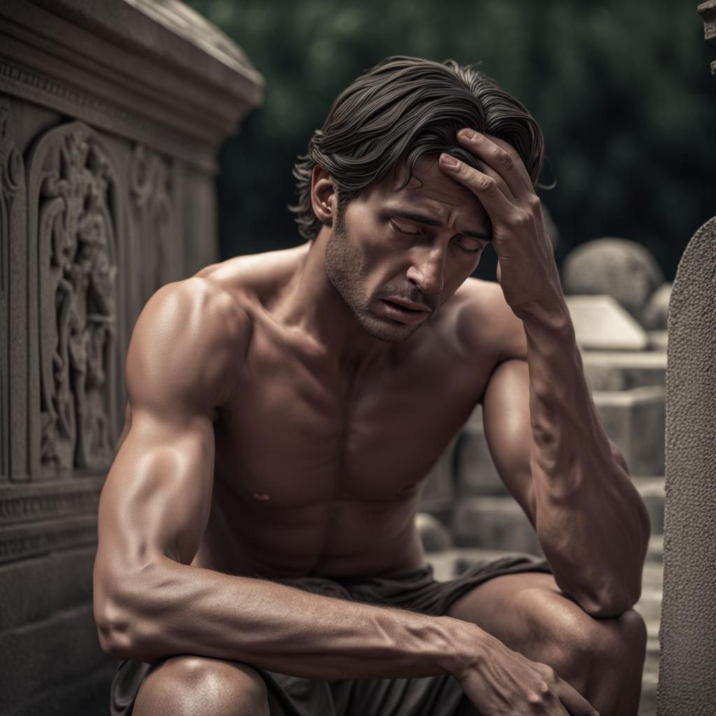 Mourning Man at Tomb With Vivid Backdrop