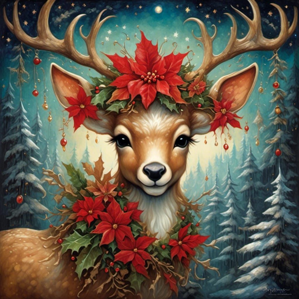 Chibi Reindeer in Enchanted Christmas Forest