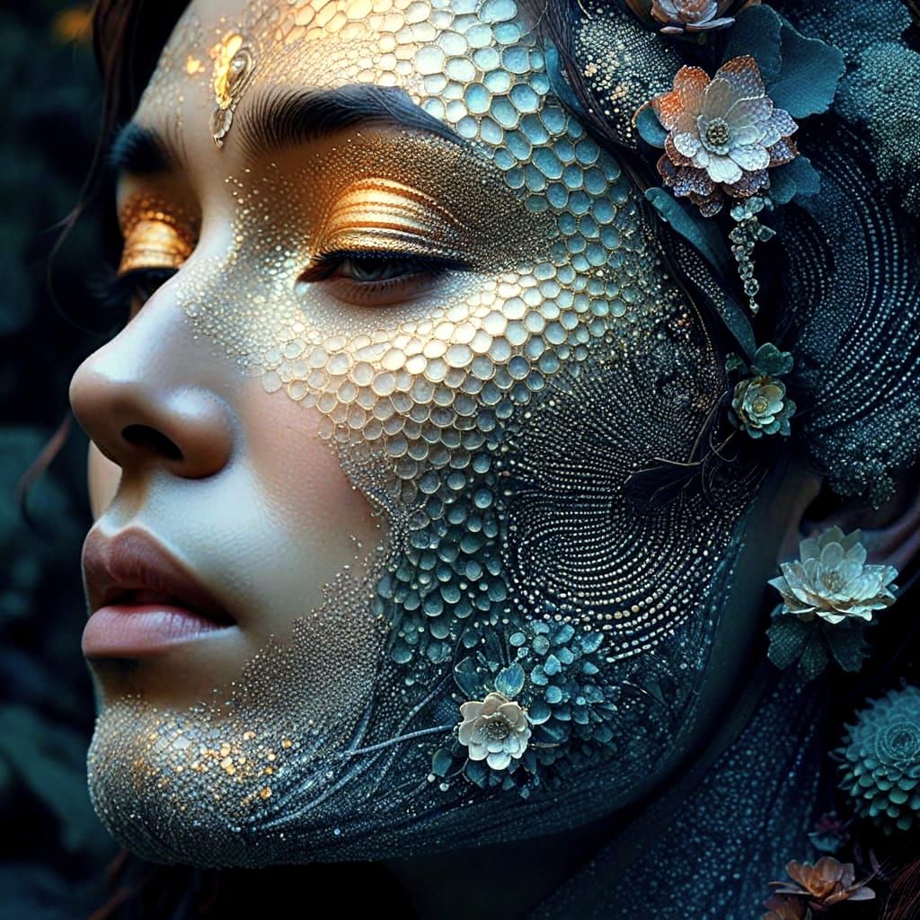 Desert Spirit with Sand Hair and Cacti Flowers in Art Nouvea...