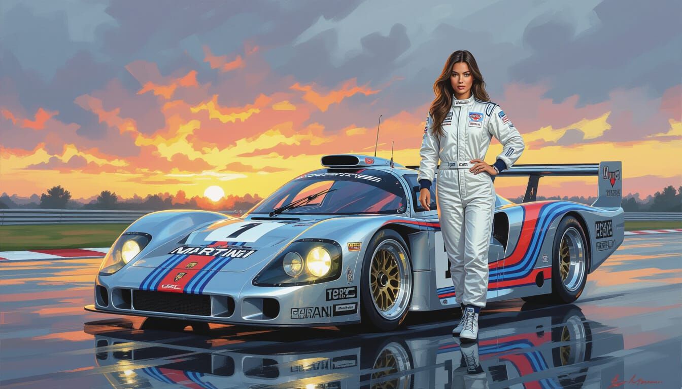 Race Car Driver Beside Futuristic Porsche 962C