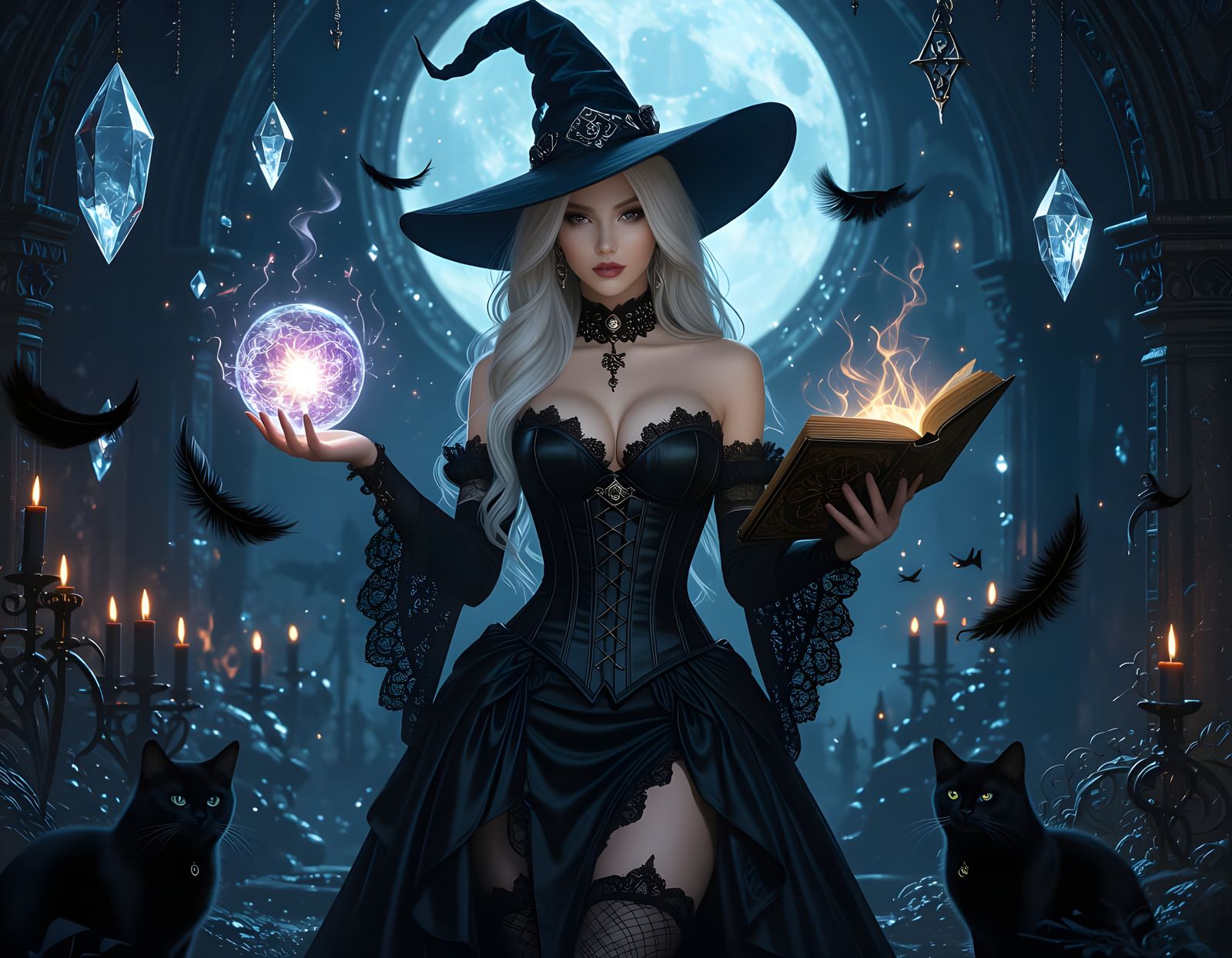Enigmatic Sorceress in Gothic Chamber, High-Fantasy Art