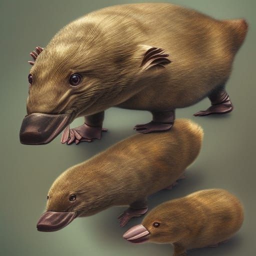Cute Platypus Family Portrait in Hyperdetailed Style