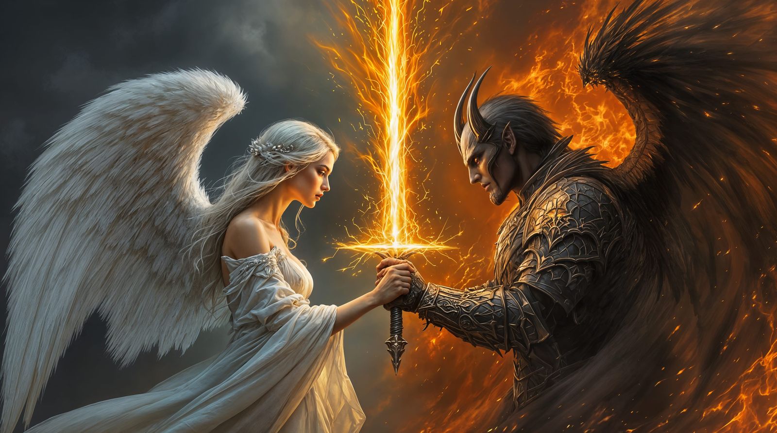 Divine Confrontation: Angel and Demon Clash in Hyperrealisti...