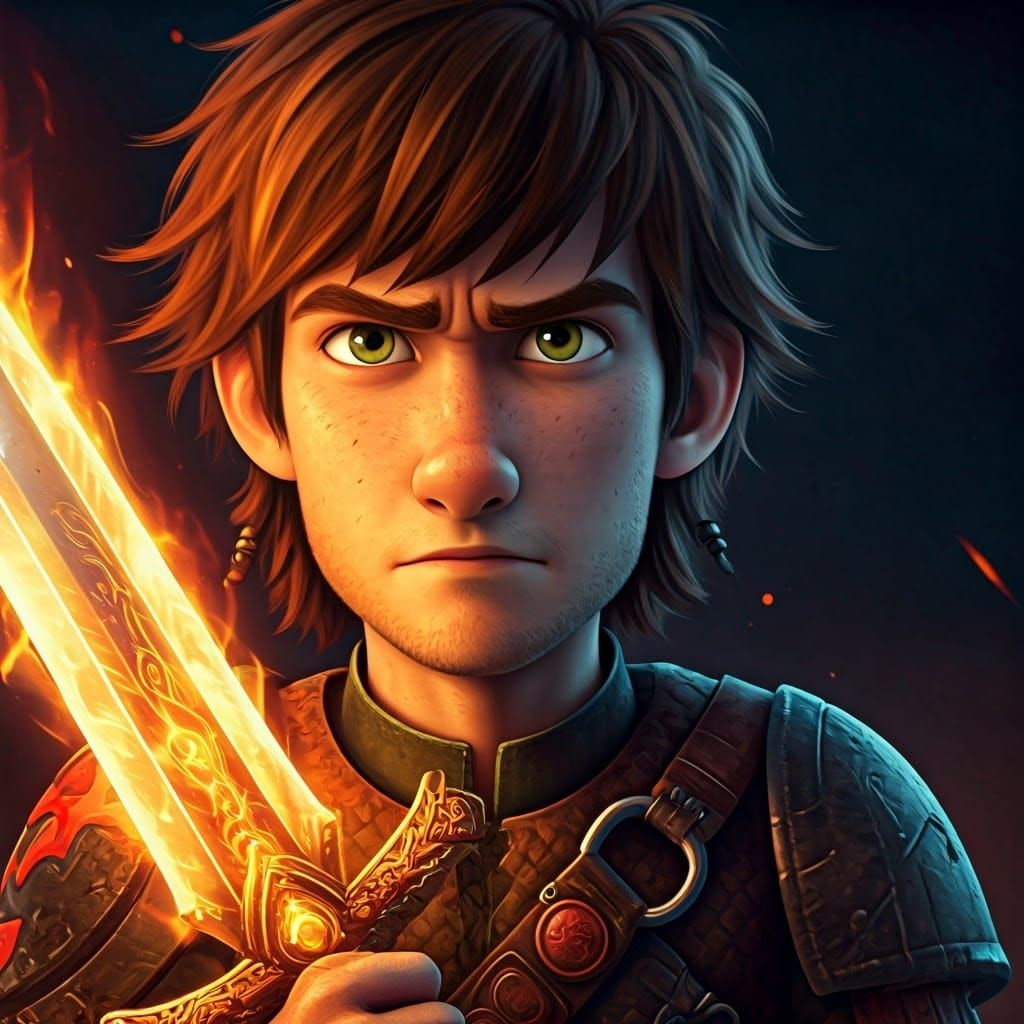 Young Hiccup Haddock Wields Fiery Sword with Determined Reso...