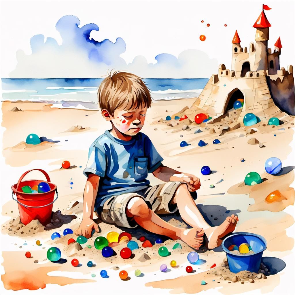 Sad Child and Ruined Sandcastle in Watercolor Style