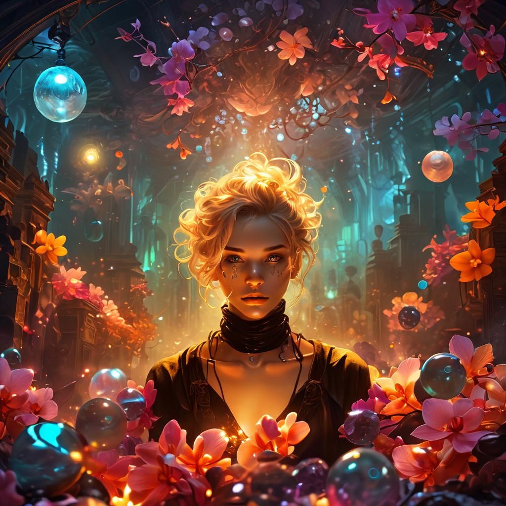 Mysterious Adventurer Surrounded by Glowing Gemstones