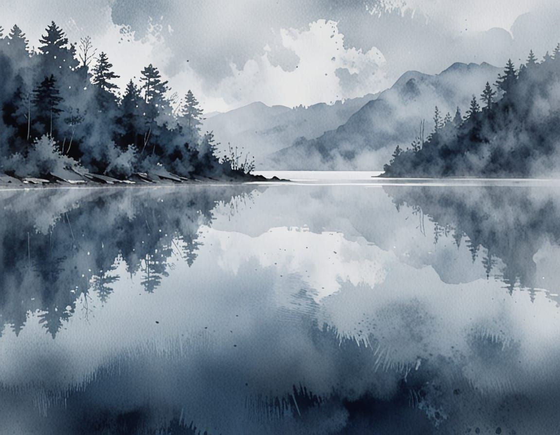 Mysterious Lake Shrouded in Fog, in Abstract Digital Waterco...