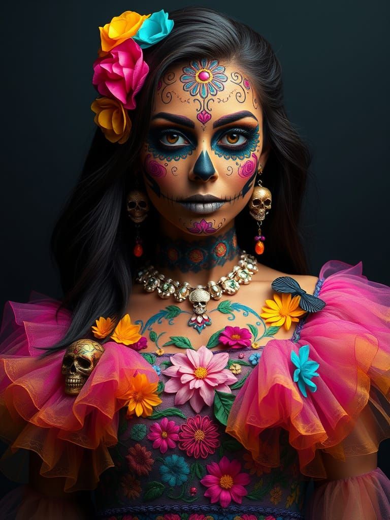 Vibrant Día de los Muertos Sugar Skull Portrait in Mexican F...