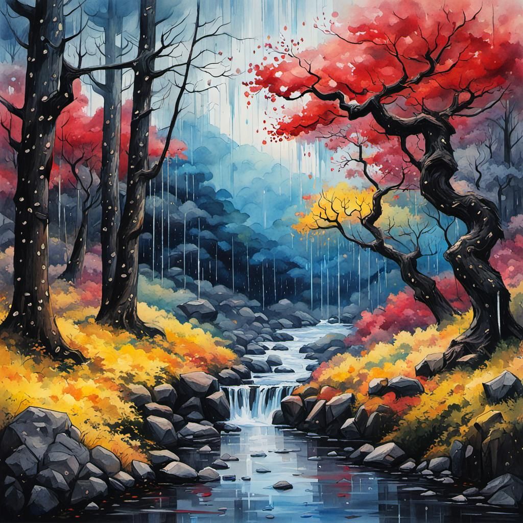 Rainy Forest with Cherry Trees: Oil, Watercolor, Ink