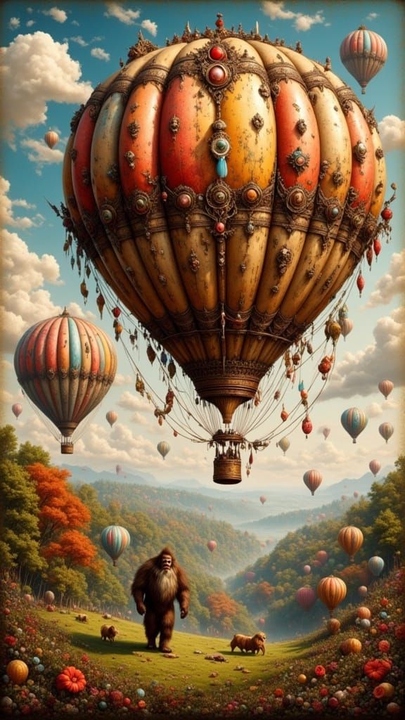 Bigfoot Spotted From Hot Air Balloon, Mixed Media